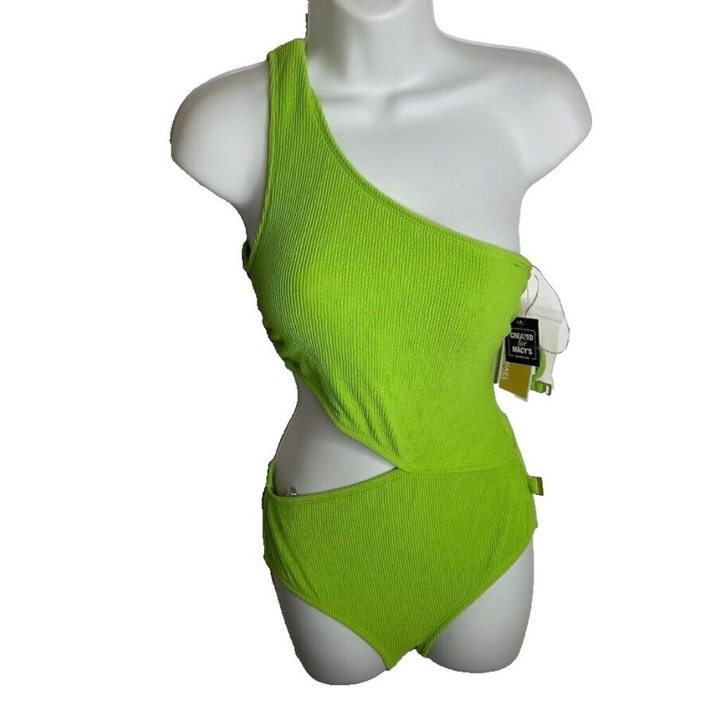 Michael Kors Women's One-Shoulder Side-Cutout Swimsuit Green Apple Size 14 - Picture 2 of 7